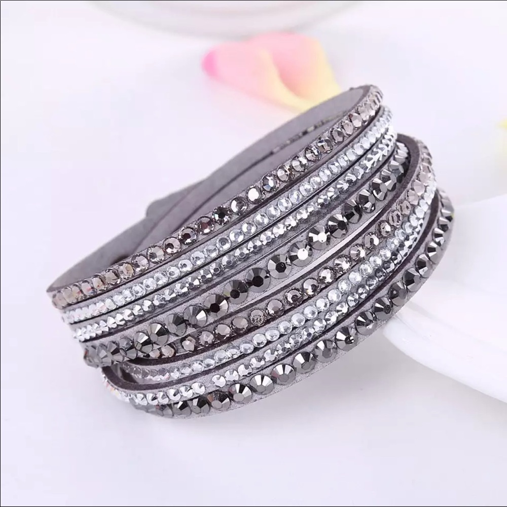 Gray Wrap Around Faux Leather Bracelet & Crystals